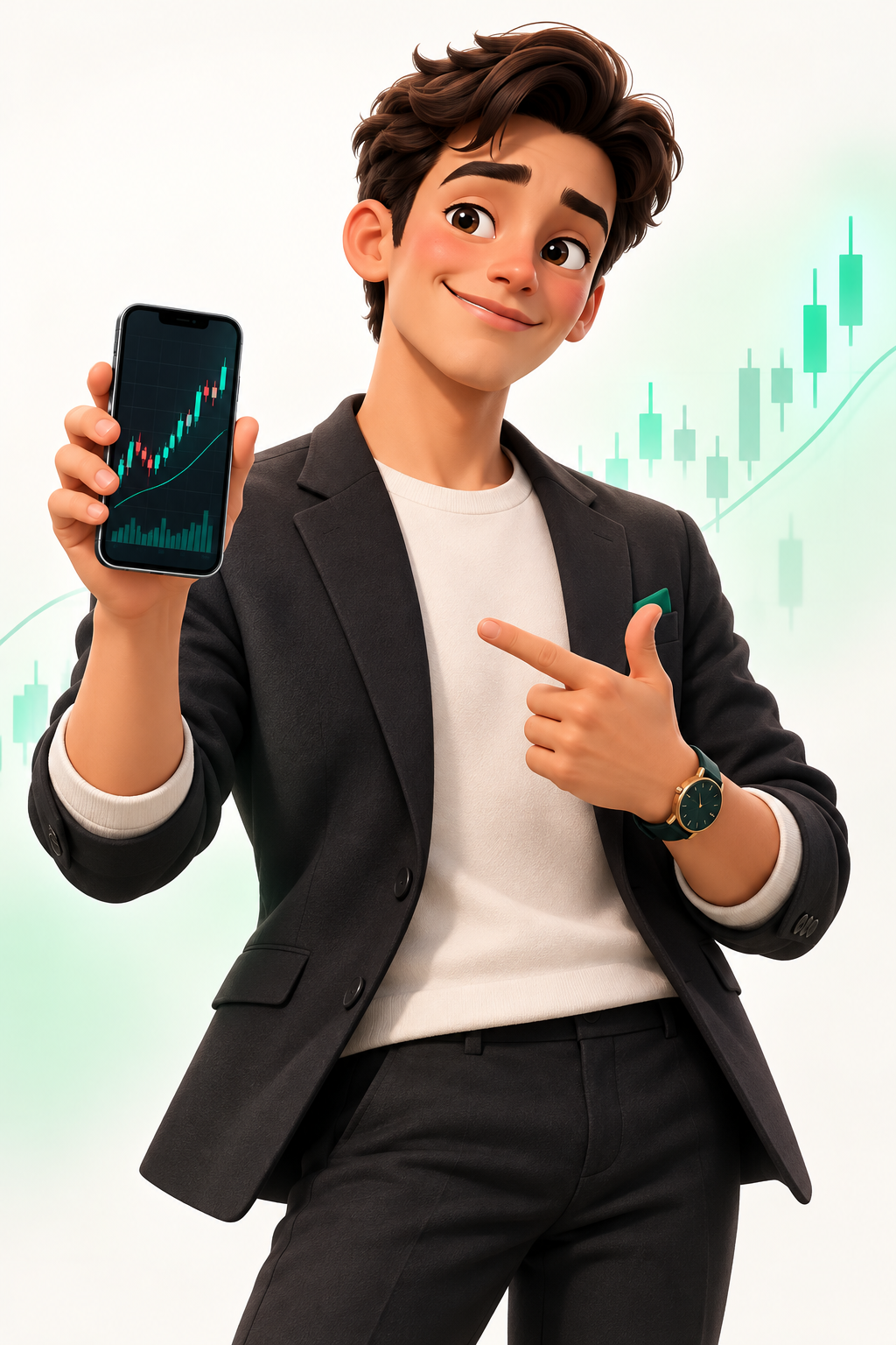 Chartlane’s trader mascot holding a phone with a rising chart